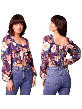 Band Of‎ The Free Shirt Women Medium Purple Floral Puff Sleeve Cropped Top NWT